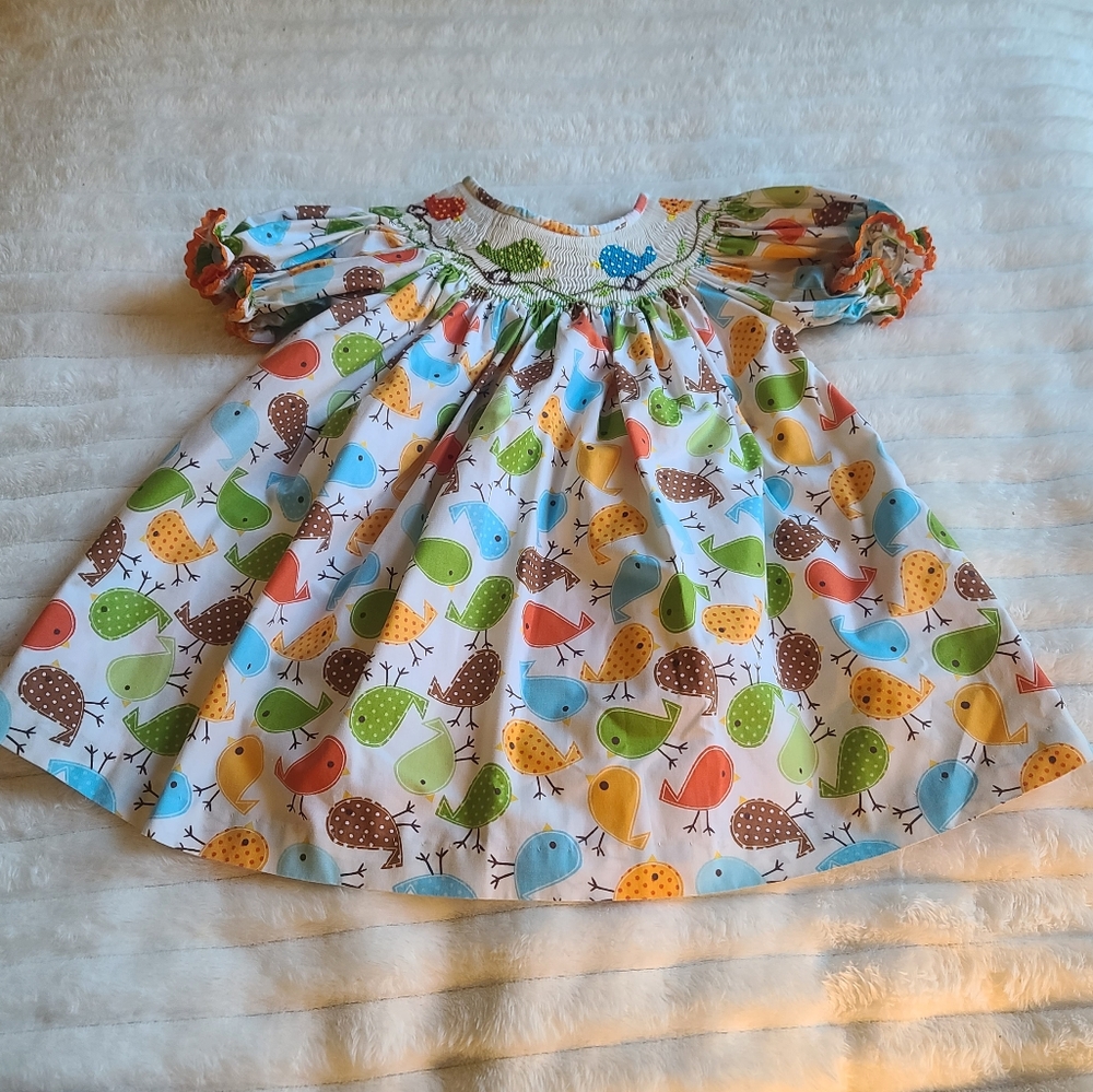 Orient Expressed Inc smocked fall birds ric rac puff sleeve tunic 4t